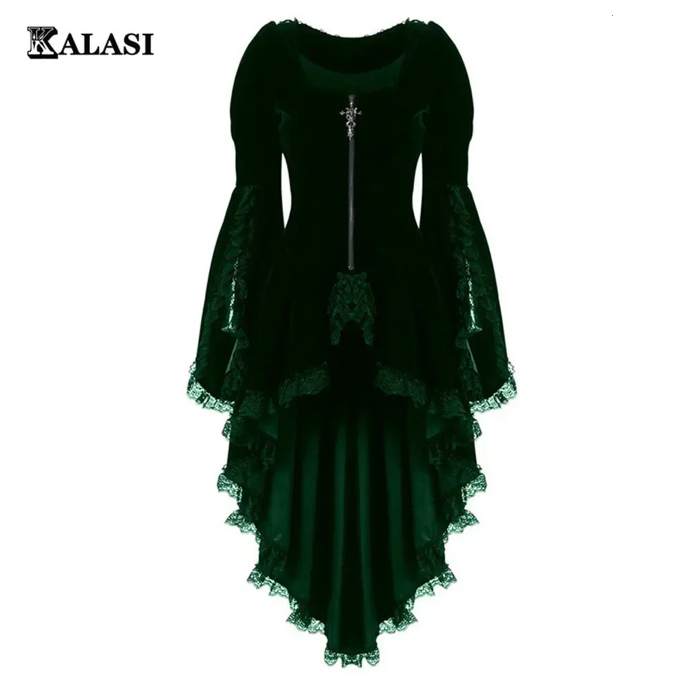 Women Gothic Long Sleeve Cross Irregular Velvet Tuxedo Dresses Lace Hem Medieval Ladies Witch Dress Lolita Cosplay Costume 251027