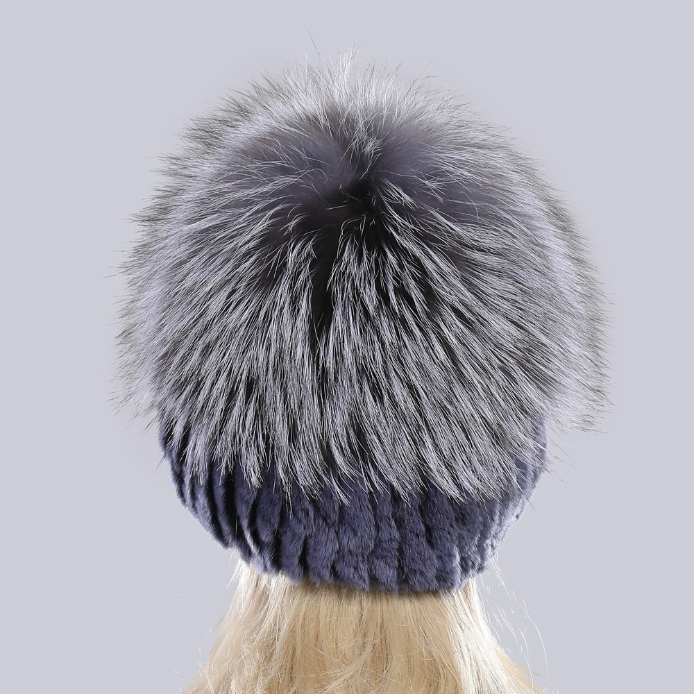 Good Elastic Natural Fluffy Silver Fox Fur Hat Winter Women Knitted Real Rex Rabbit Fur Hats Lady Real Fur Cap Wholesale 251028