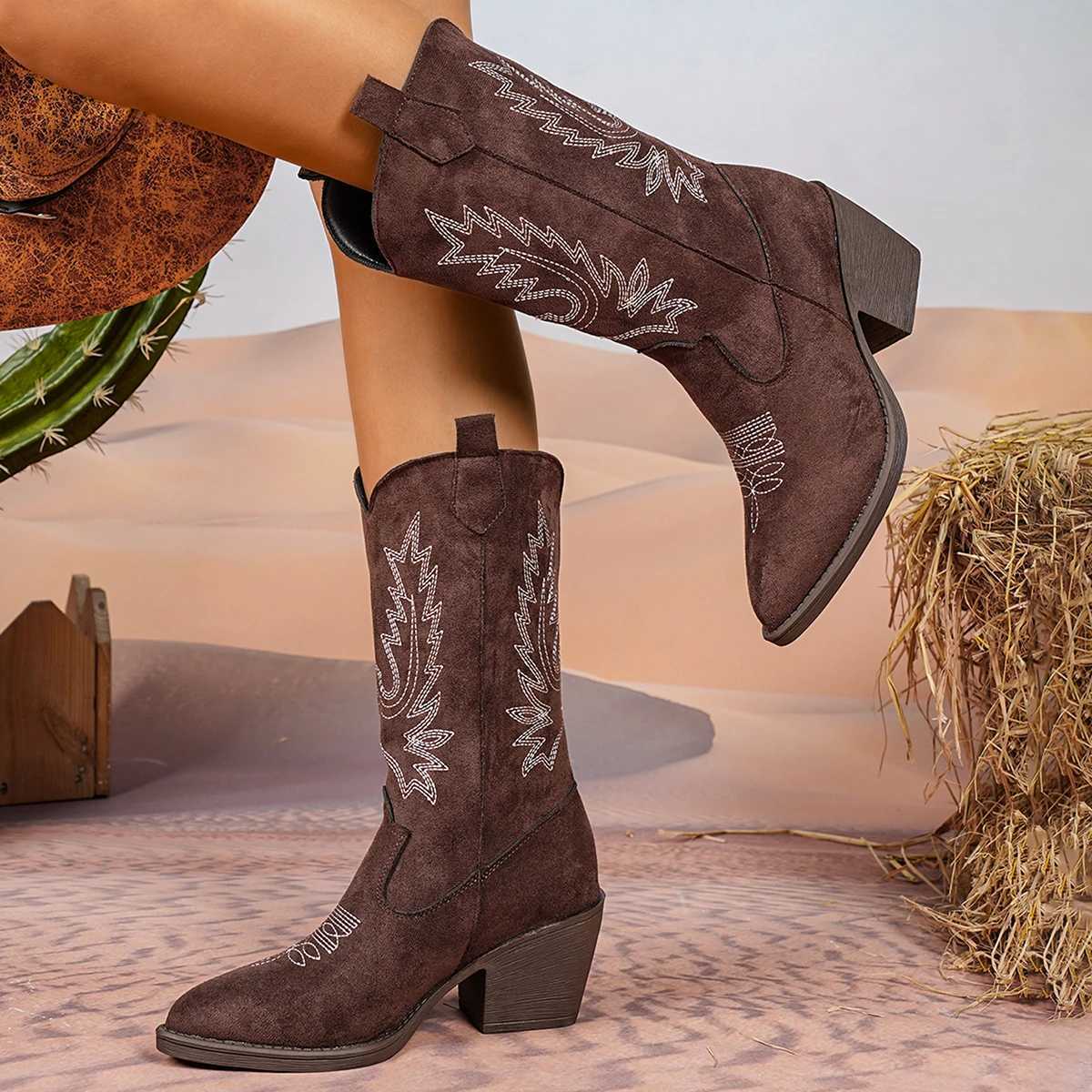 2025 Spring and Fall Fashion Pointy Solid Color Womens Midcalf Boots with Midheel Sleeves Embroidered Western Cowboy Boots Z251029
