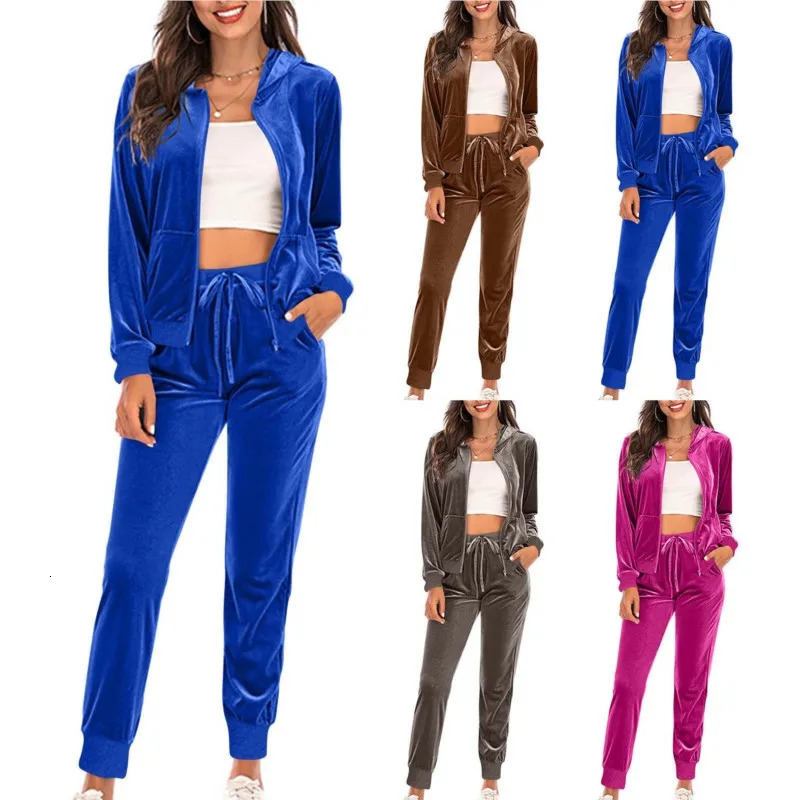 Spring Velvet Tracksuit Womens 2 Piece Sweatshirt Sweatpants Set Full Zip Hoodie Sweatsuit With Pockets Casual Sportswear 251029