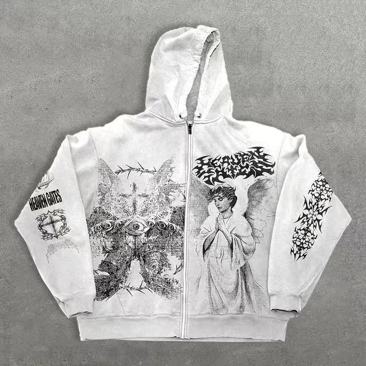 American autumn and winter new angel print hoodie zipper for men and women with the same loose sweater Y2K retro style