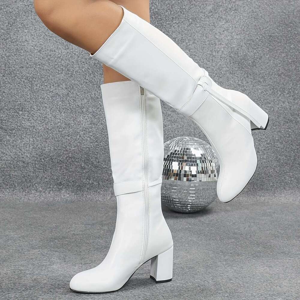 Women's Elegant White Faux Cover Knee-High Knight Boots With Thick Heel - Round Toe Comfortable Fabric Lining & PVC Sole For Autumn/Winter, Europ