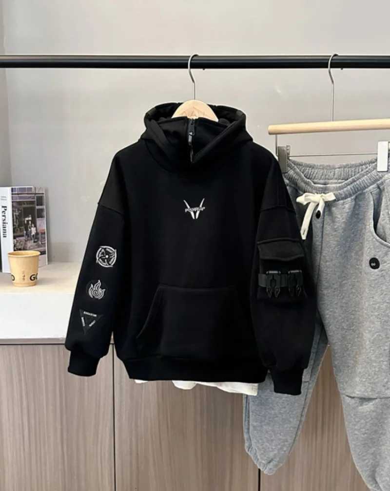 Stylish Boys Fleecelined Pullover Hoodie Mechanical Buckle Hooded Top Trendy Hiphop Dance Performance Outfit for Medium KidsT251030