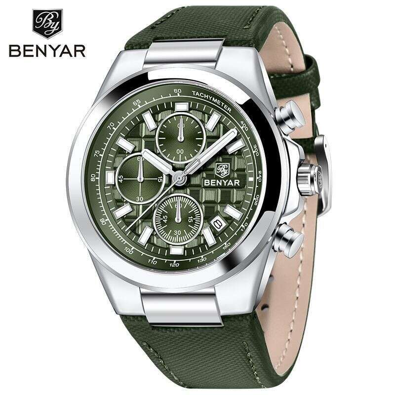 benyar new luminous multifunctional chronograph leather strap mens quartz wristwatch by5206