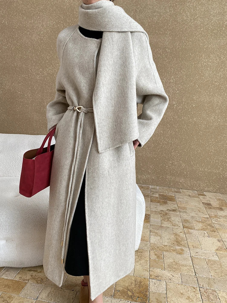 EAM Gray With Scarf Big Size Long Woolen Coat Oneck Sleeve Women Jacket Fashion Autumn Winter 2025 1DH7777 251010