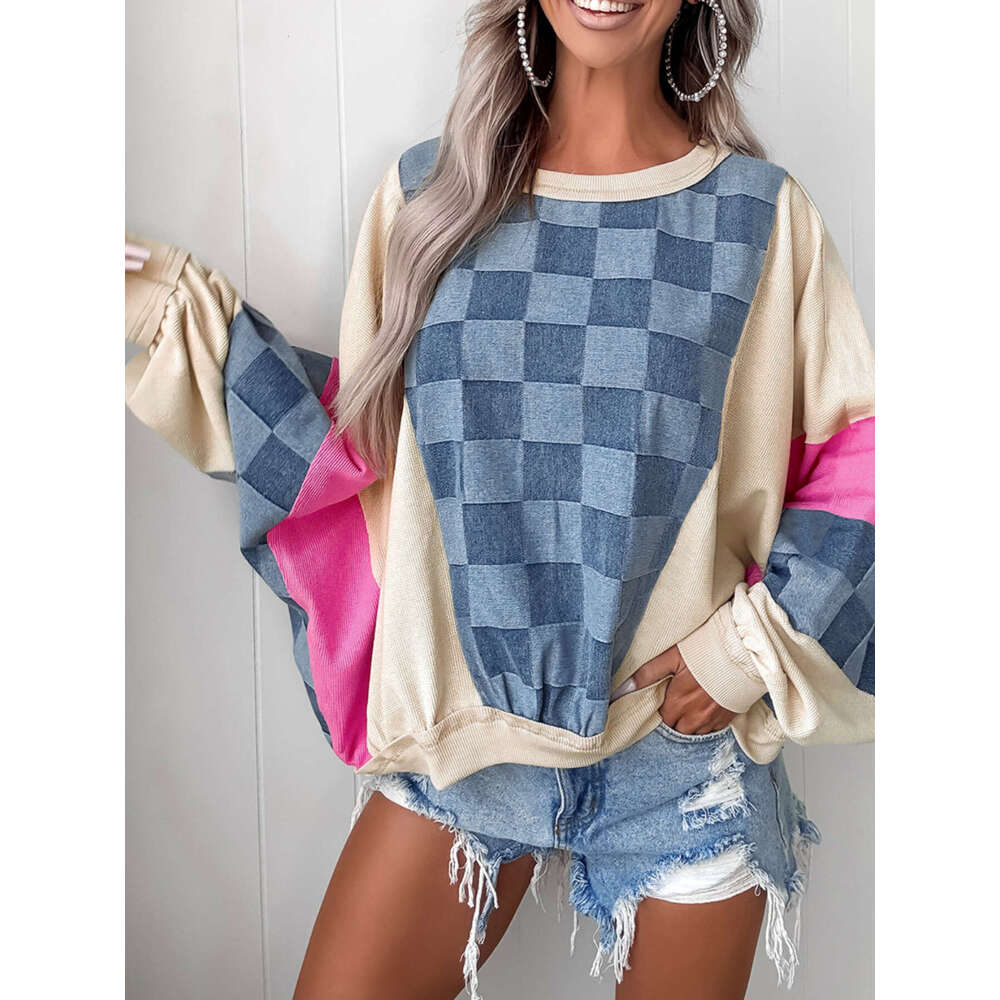 Sky Oversized Checkered Denim Exposed Seam Patchwork Sweatshirt Geometric Pattern Blue Pink Accents All Season Casual Elegant Pullover Hine Washable
