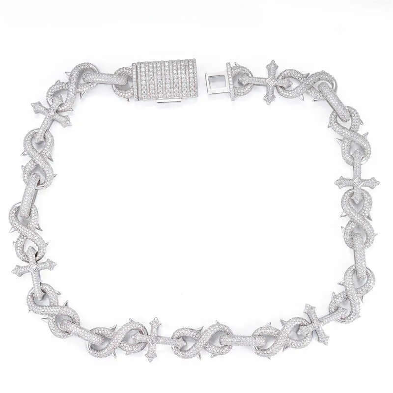 Hiphop16mm Sier Inlaid Mosan Full Cuban Chain Men's Dense Dia 8-line Hip Hop Necklace Bracelet