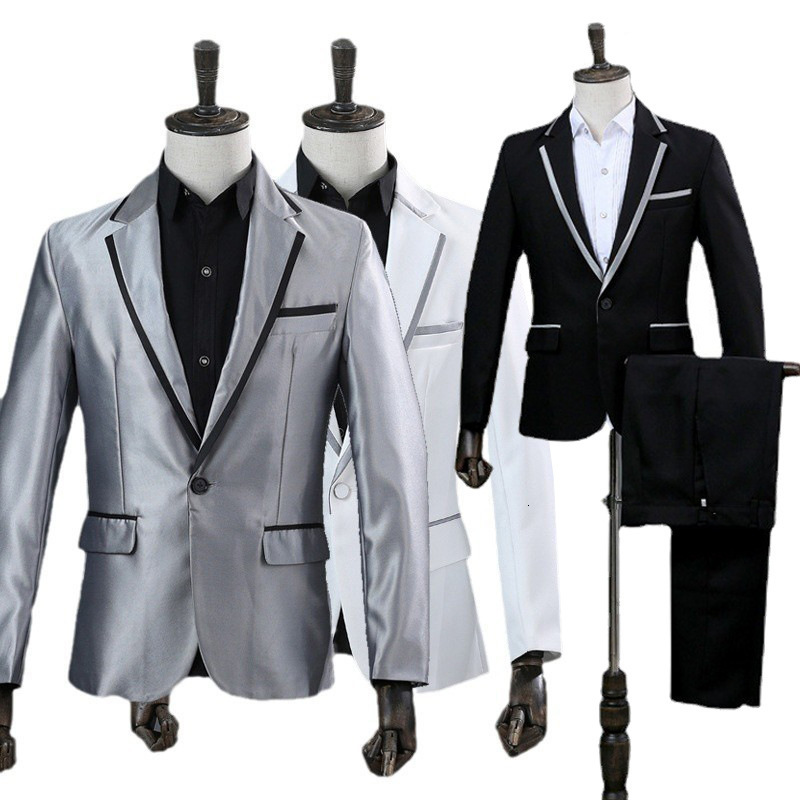 Mens lace up suit host performance suit long sleeve suit stage singer suit black and white gold and Silver Photo dress 240321