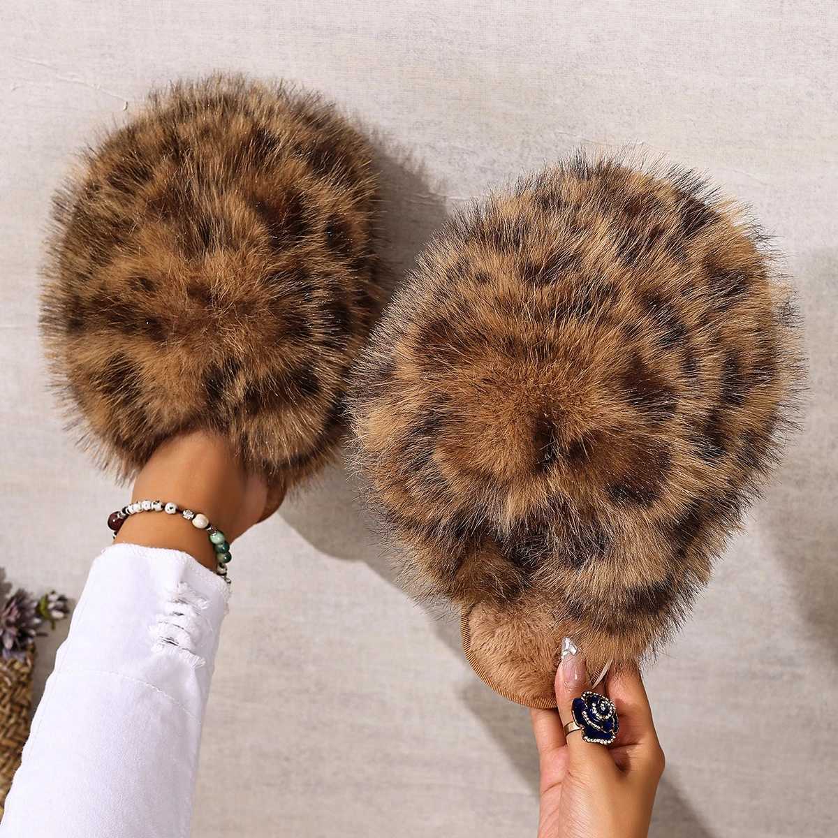 Women Slippers Leopard Print Flat Bottom Fur Slippers Women Autumn Winter Fashion Home Shoes Warm AntiSlip Cotton Slides Women H251030