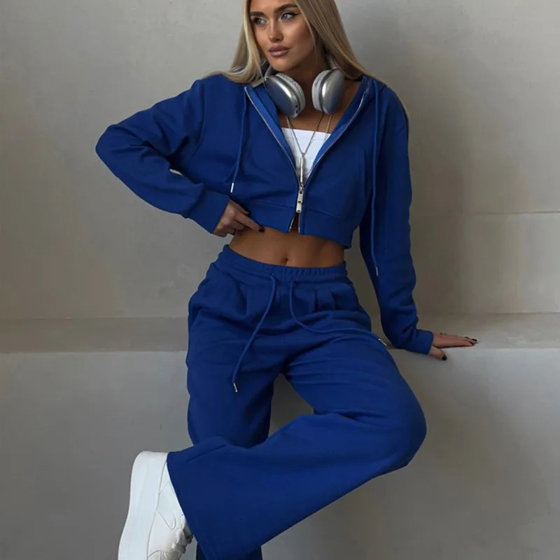Casual Sport Tracksuit Women Hooded Two Pieces Set Sweatshirts Zipper Solid High Waist Pockets Pants Suit Outwear Autumn 251029