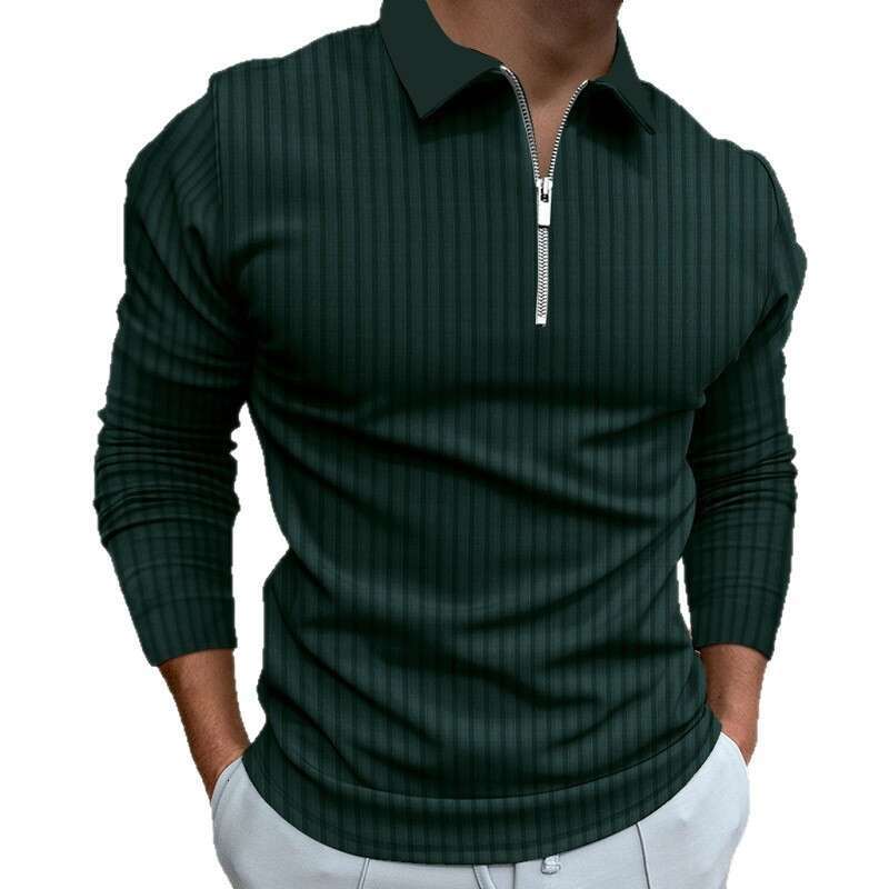 Men's Autumn Sports Fitness Casual Stand Collar Stretch Vertical Stripe Long Sleeve Zipper Polo Shirt