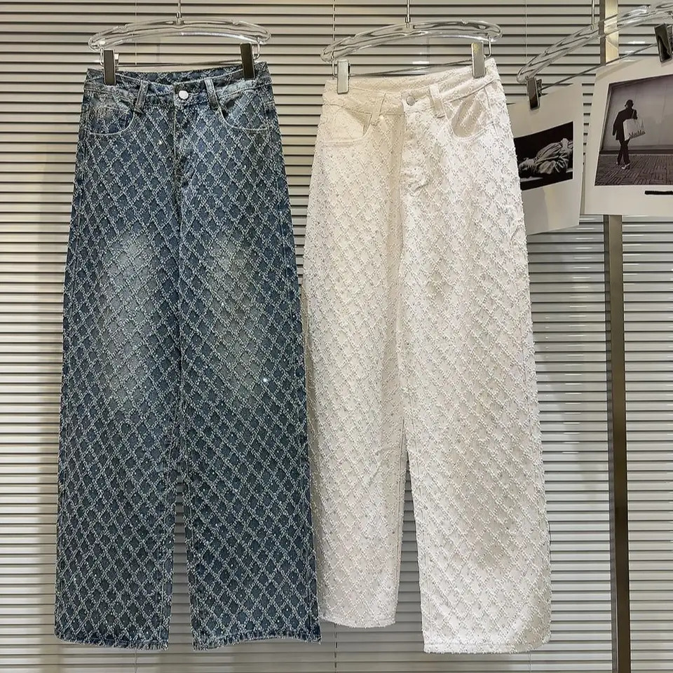 Spring Elegant Diamond Lattice Jacquard Pattern Washed and Worn Wide Leg Jeans 251029