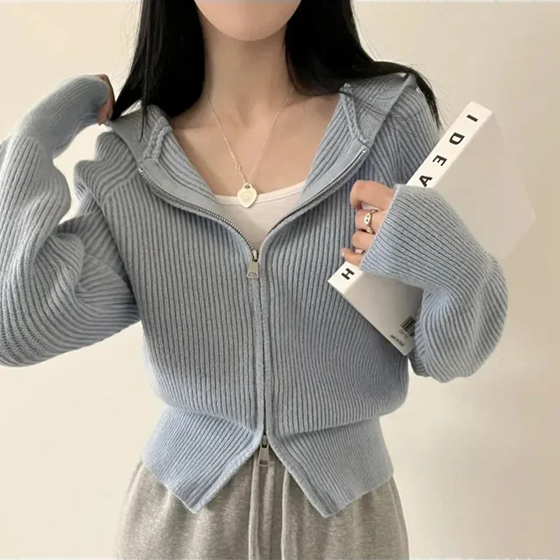 Ladies Thickened Knitted Hooded Open Cardigan Sweater Winter Autumn Style Zipper n Unique Collar Sweater Female Fashion 251029