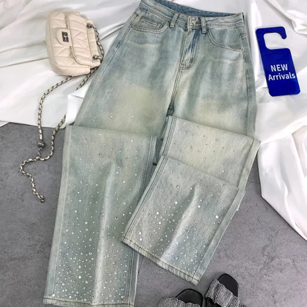 Y2K Sense Crystal Diamond High Waist Straight leg Jeans for Womens Fashion Loose and Slim Wide Leg Pants 251029