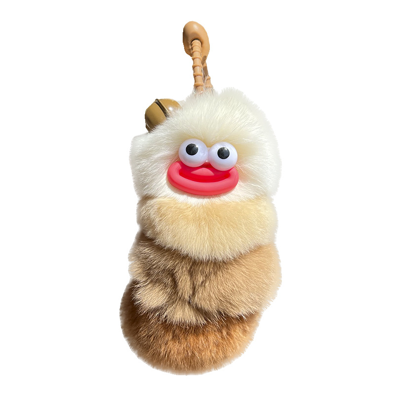 Adorable Caterpillar Rabbit Fur Plush Keychain Doll Car Accessory Backpack Charm Gift