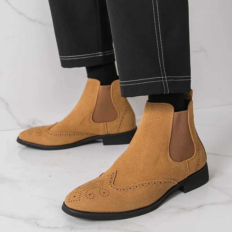 Hot Yellow HighTop Leather Shoes Men Comfort Suede Chelsea Boots Man PointedToe Mens Ankle Boots Big Size 3946 botas hombre Z251029