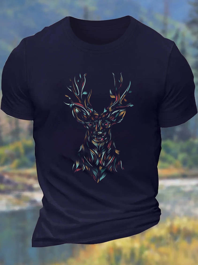 European and American Oversized Men's Deer Animal Print Crew Neck Casual Cotton T-Shirt - TT7466