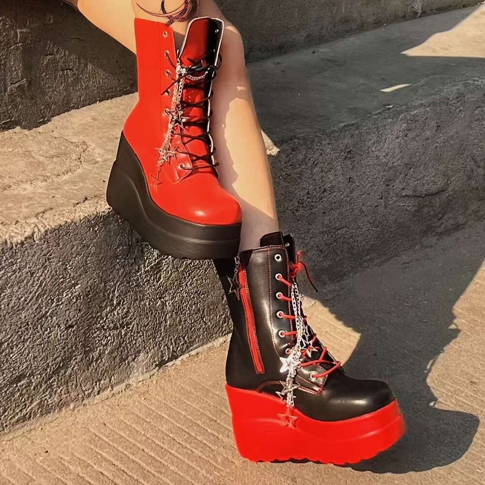 Women's Gothic Punk High - Red & Black Lace-Up With Chain Dangling Decor, All-Season Performance Short Boots, Casual Platform Heel | Laceup Boots