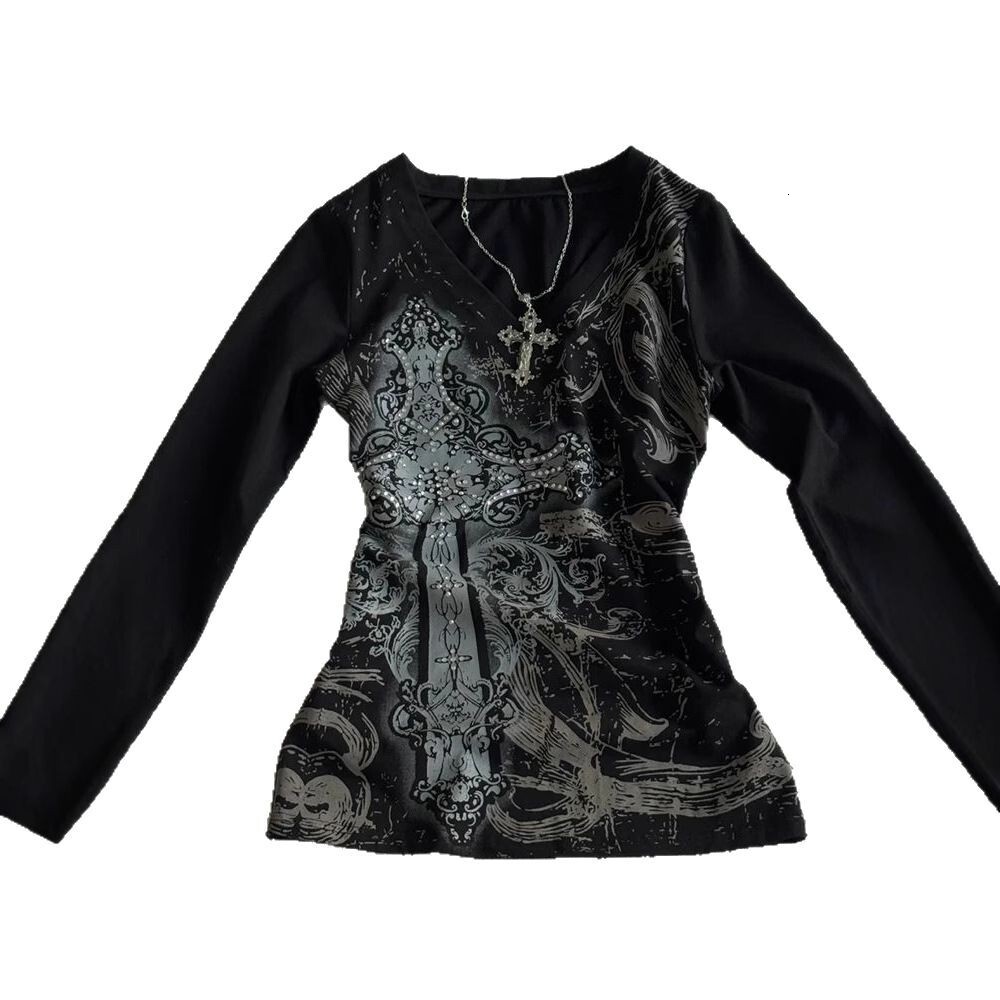 Designer clothing black printed T-shirt women's American retro spring new V-neck long sleeved waist slimming top