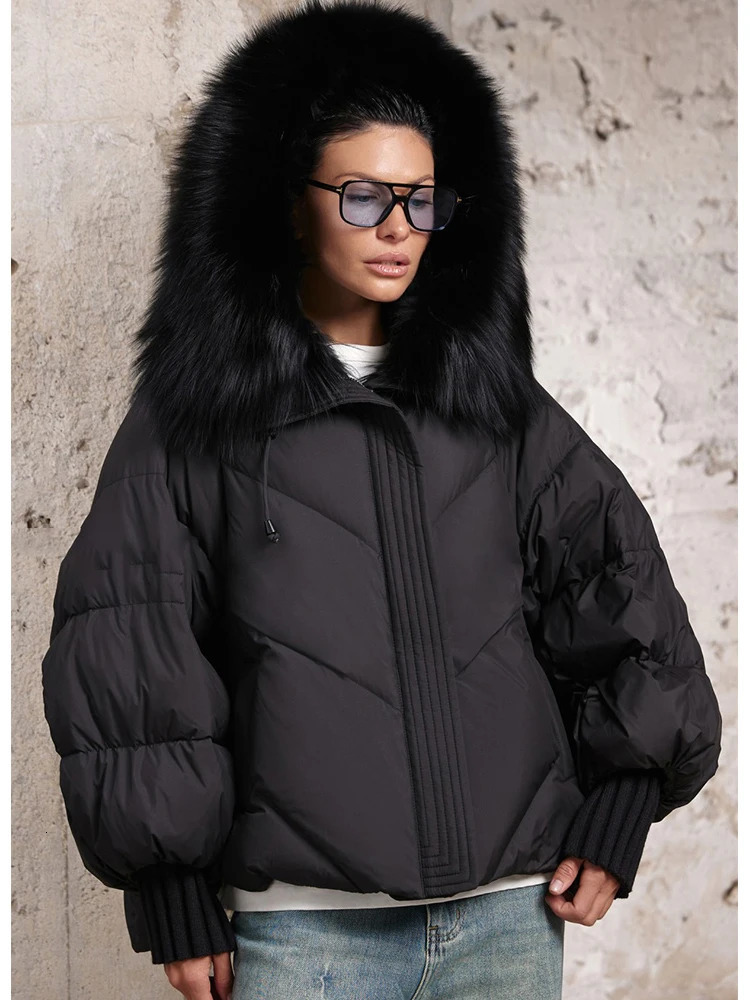 Women Winter Goose Down Jackets Fox Fur Collar Hooded Thick Natural Raccoon Fur Female Outwear Warm Loose Puffer Coats 251023
