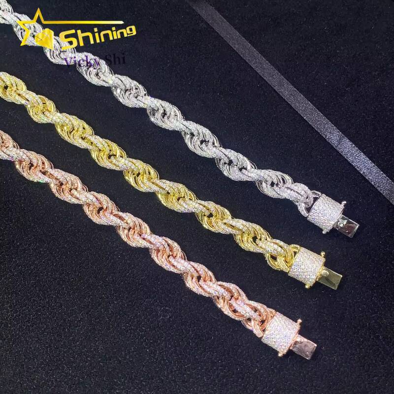 Moissanite Hip Hop Jewelry Gold Plated 6MM10MM VVS Moissanite Rope Chain S925 Silver Men Moissanite Bracelet