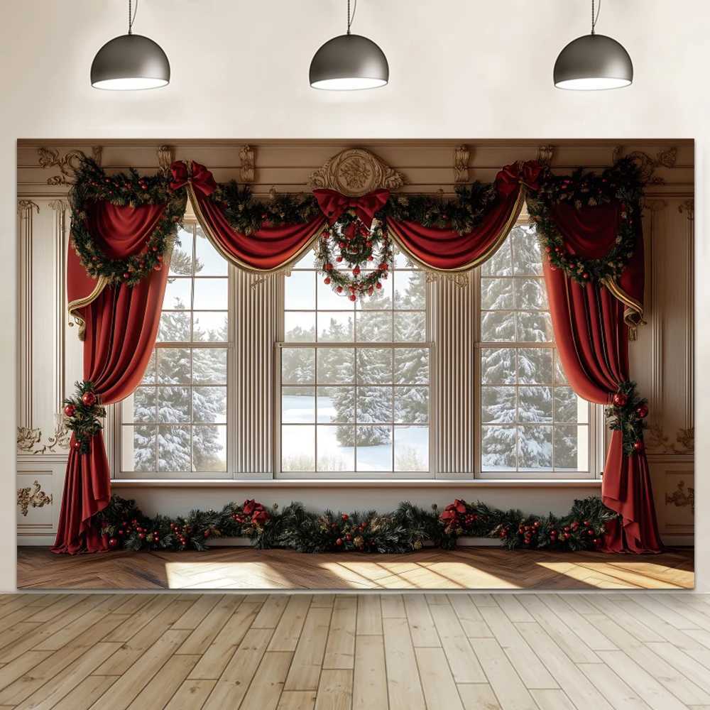 2025 Christmas Backdrop Snowy Window Winter Xmas Tree Gifts Baby Photography Background New Year Christmas Family Party Decor C251030