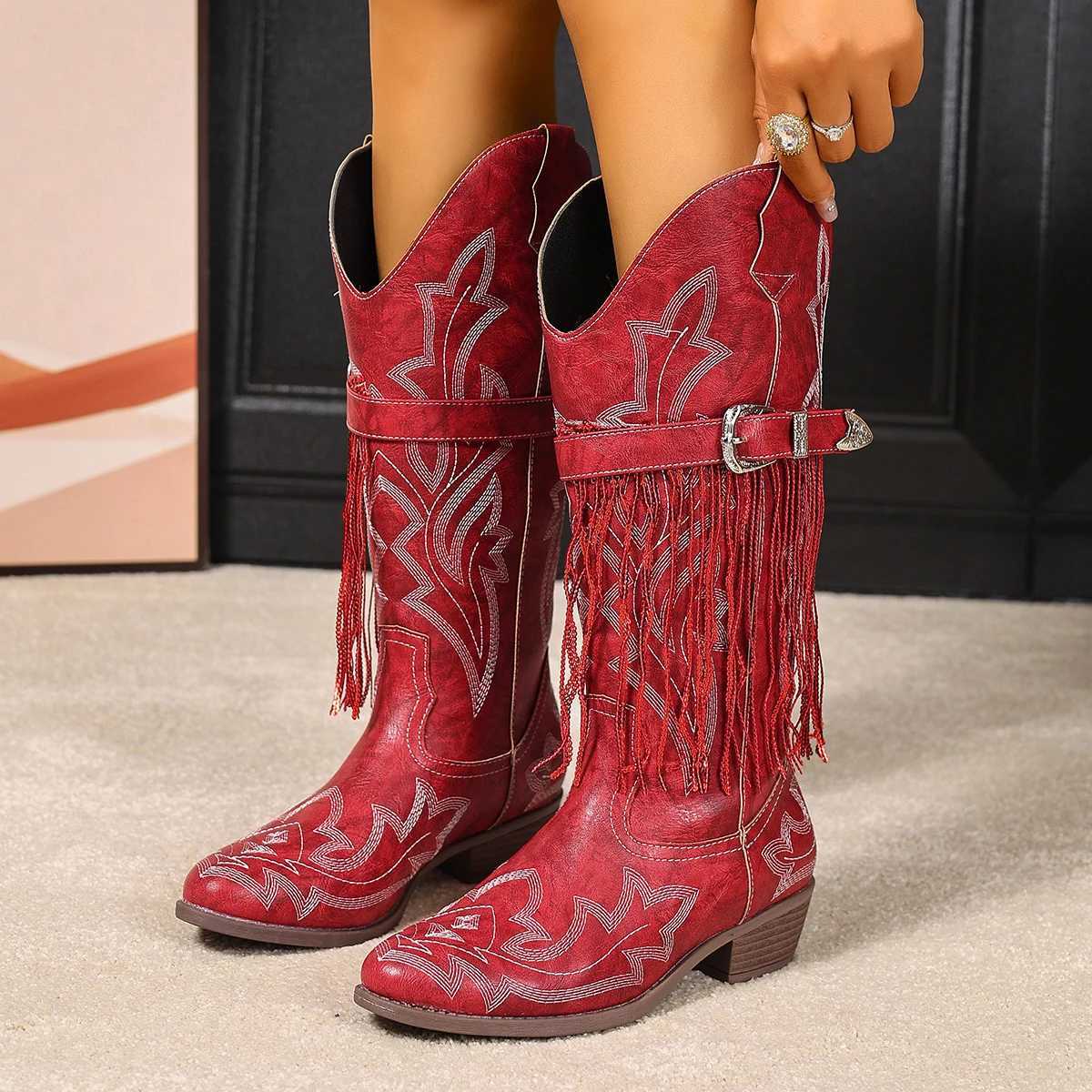 Embroidered buckle tassel western comfortable stylish versatile vacation cowboy boots for women Z251029