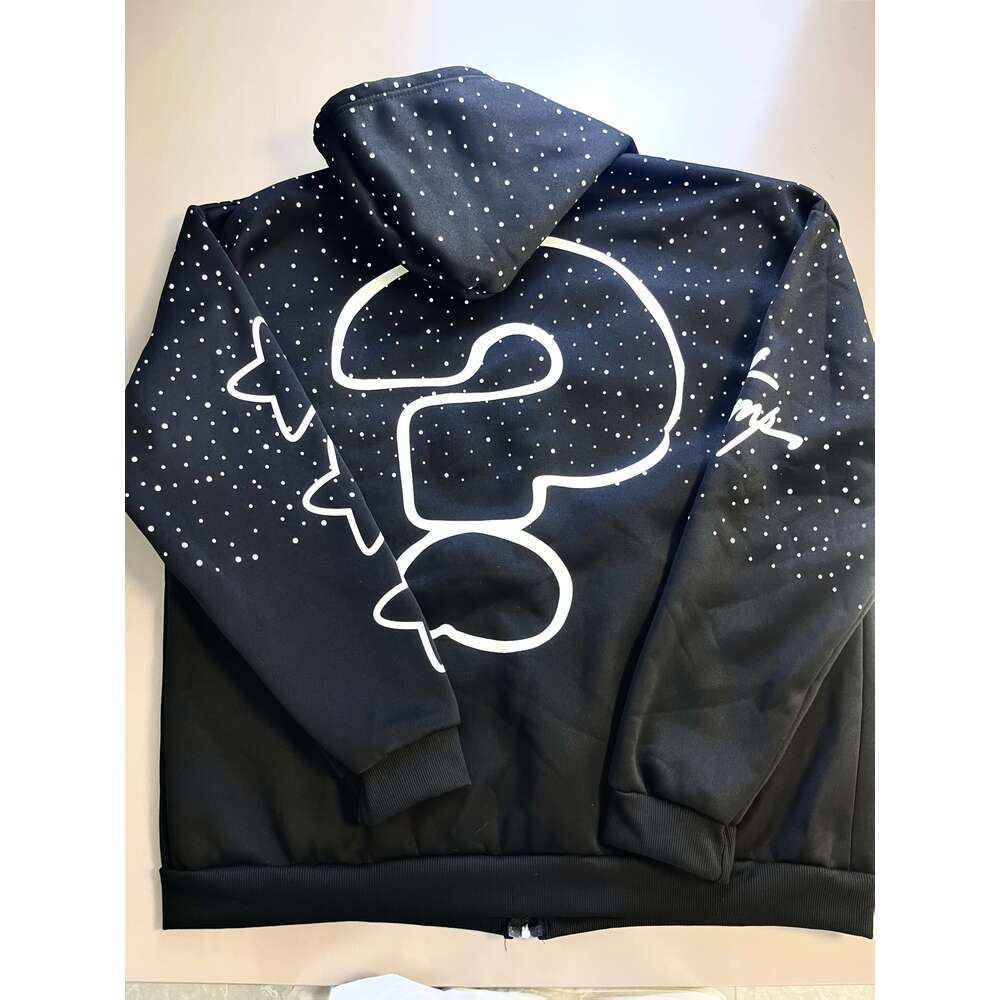 Men's Streetwear Rhinestone "Who Cares Get Some Money" Graphic, Hip Hop Full-Zip Sweatshirt With Pockets, Black & White Lettering, Fall