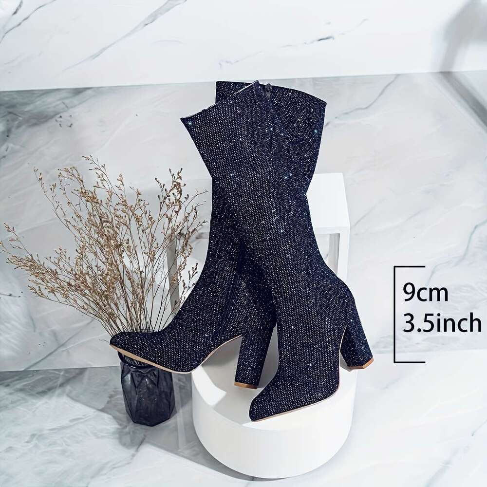 Women's Ultra-High Block Heel Pointed Toe Riding Thick Platform Winter With Side Zipper, Shiny Synthetic Glossy Faux Upper, Cushioned & PVC Sole 