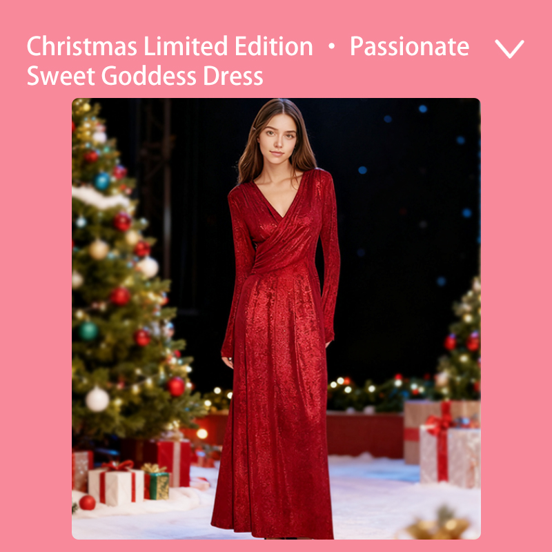 Prom Dresses Women's Christmas Limited Edition Red Sequin Maxi Dress - Long Sleeve Wrap V-Neck Glitter Gown for Evening Party & Festive Occasions