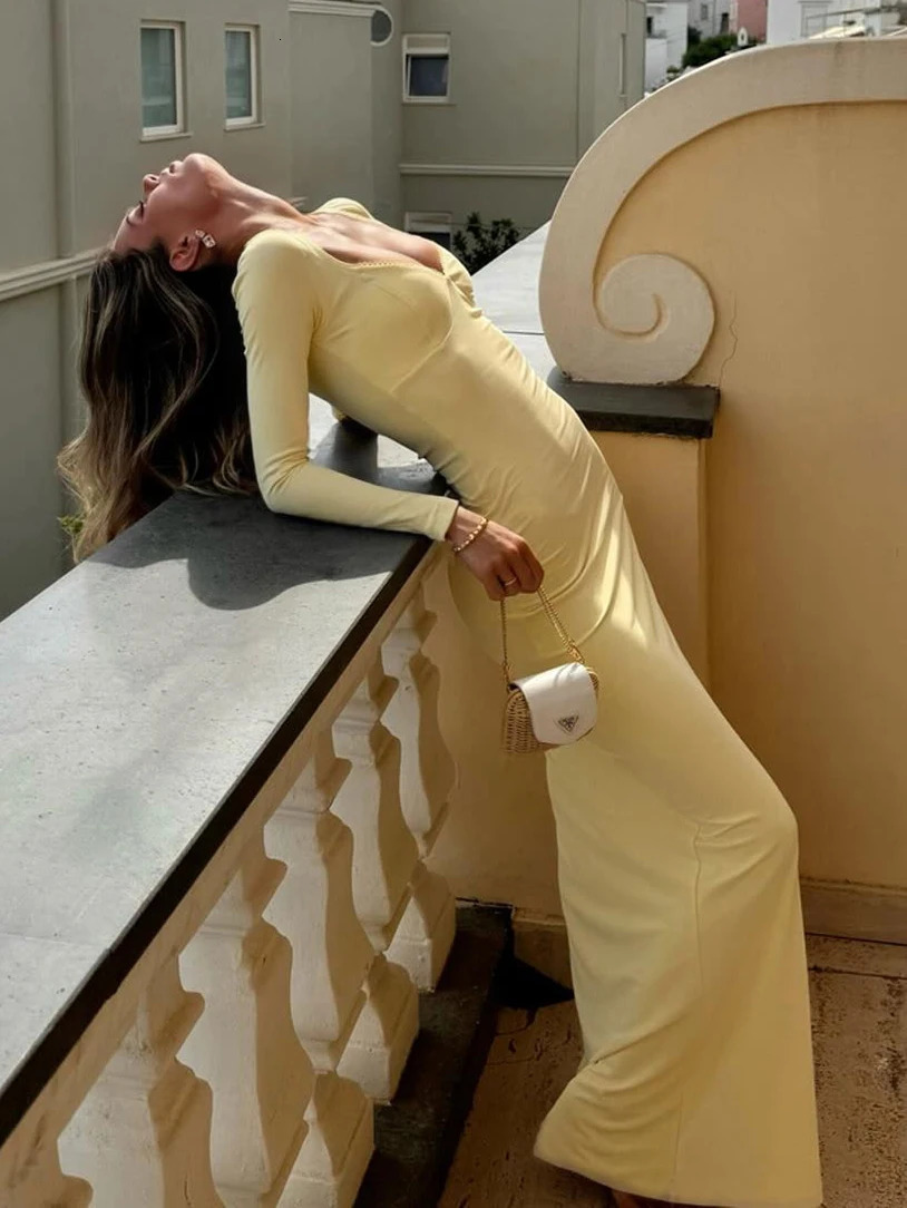 Womens Elegant Romantic Sunset Date Night Valentines Day Sweet Fitted Lace Mesh Maxi Butter Yellow long sleeves Dress 251027