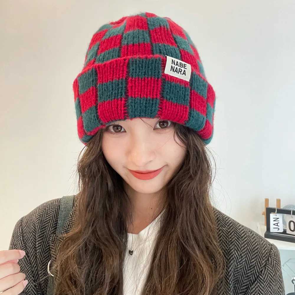 Womens Winter Plaid Knitted Beanie Fashion Pullover Cap RedGreen Checkerboard Skull Street Casual Hat GorrasXJ251030