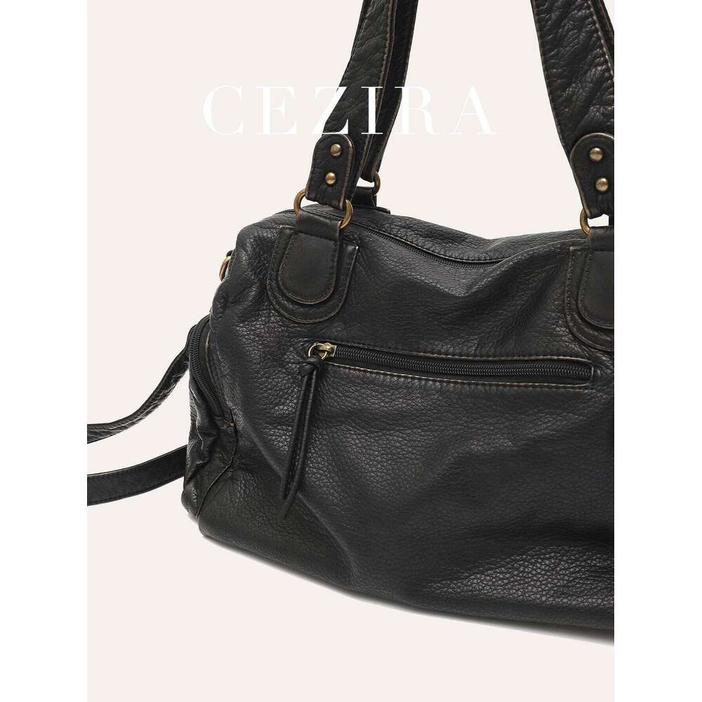 Vintage Women Unisex Brush-Off Color Washed PU Vegan Leather Zip Pockets Shoulder Cross Body Bag Large Retro Casual Daily Travel