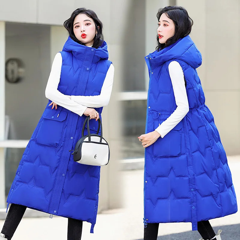 Autumn Winter Hooded Korean Version Womens Down Cotton Vest Coat Sleeveless Over The Knee Loose Lady Waistcoat Jacket 251024