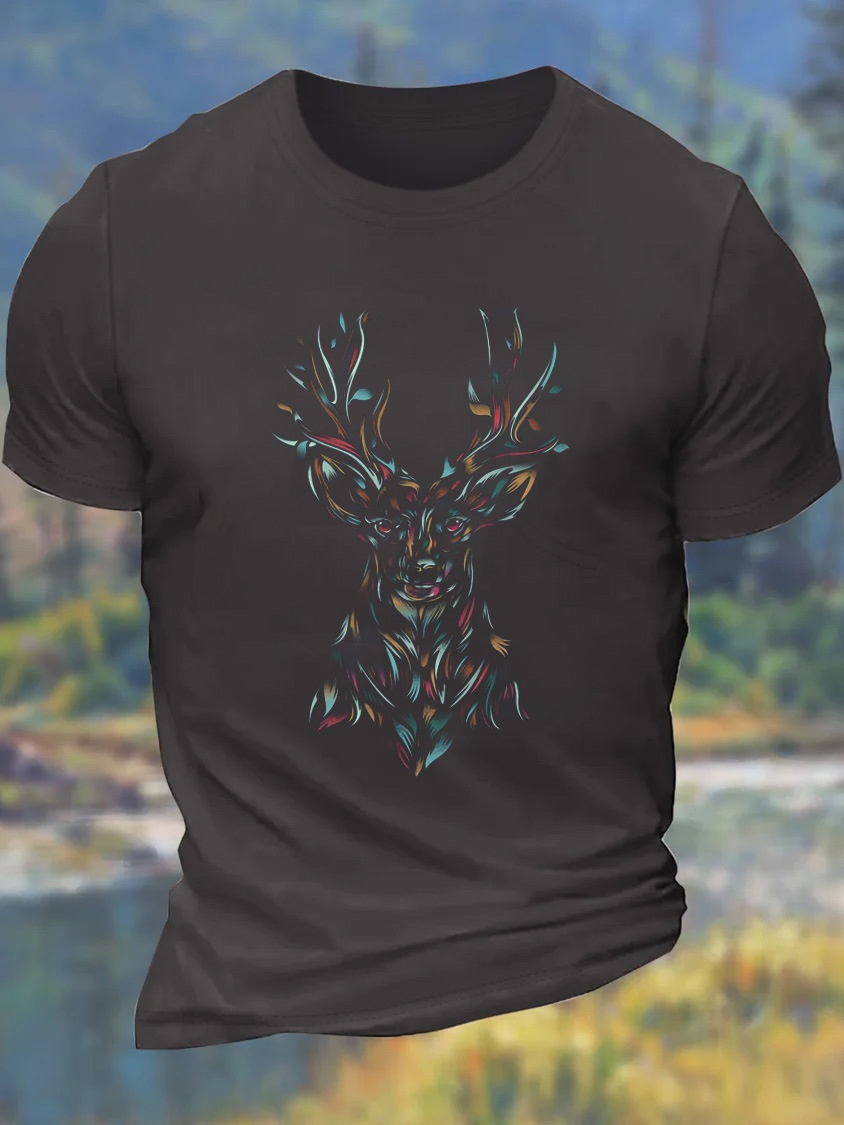 European and American Oversized Men's Deer Animal Print Crew Neck Casual Cotton T-Shirt - TT7466