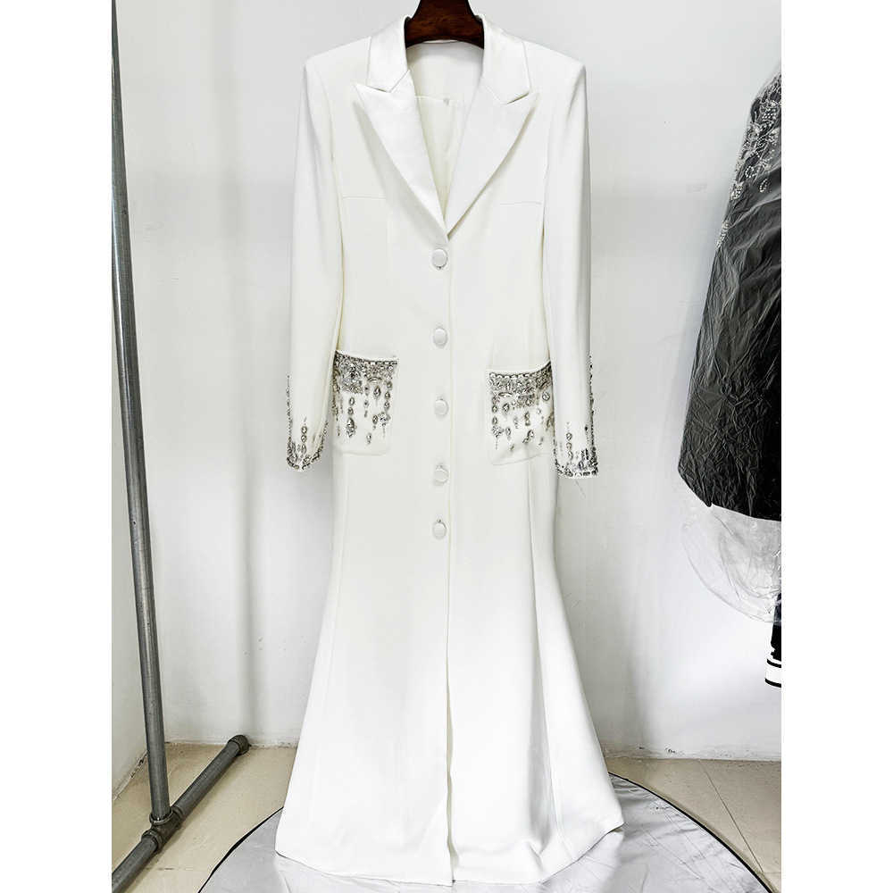 2025 European and American star fashion heavy work beaded diamond suit collar dress evening dress mermaid long dress L251030