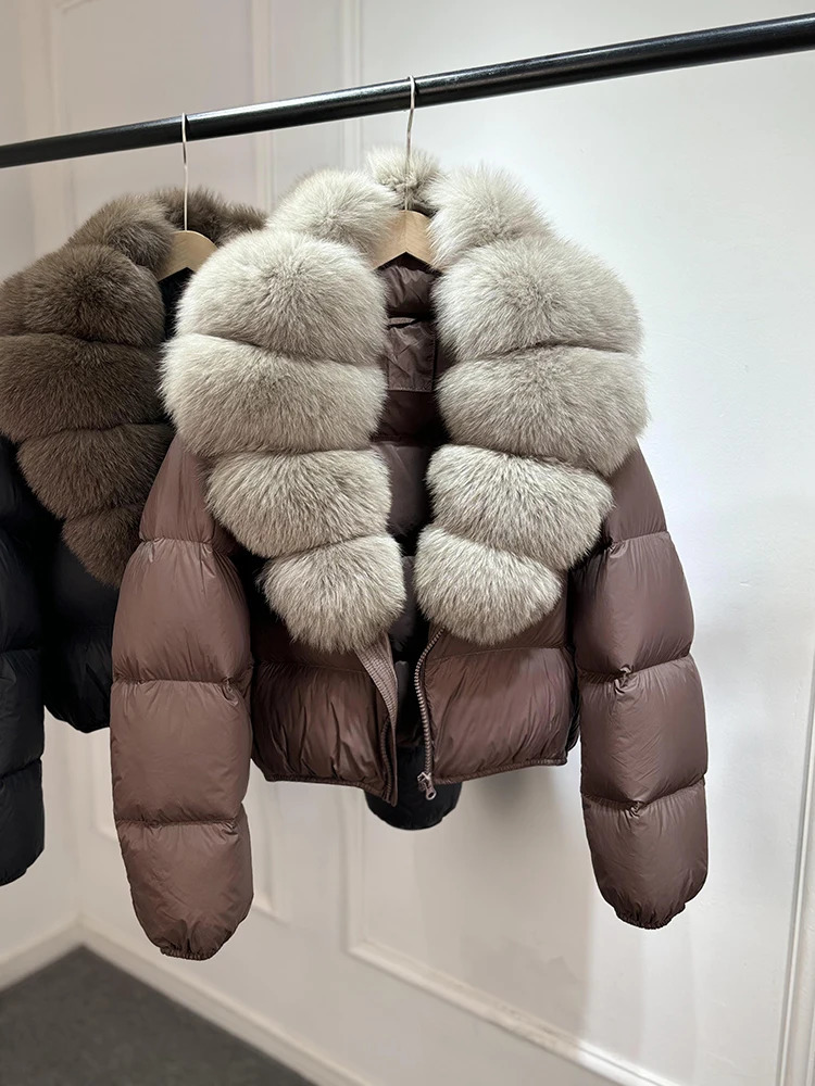 Janveny Puffer Jacket Women With Large Natural Fox Fur Collar Short Fluffy Thick Parkas Female 90 White Duck Down Coat 251023