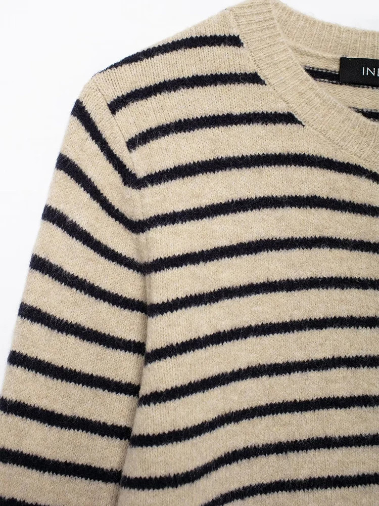 European and American style autumn womens clothing simple round neck long sleeve striped fine knitted cardigan sweater jack 251028
