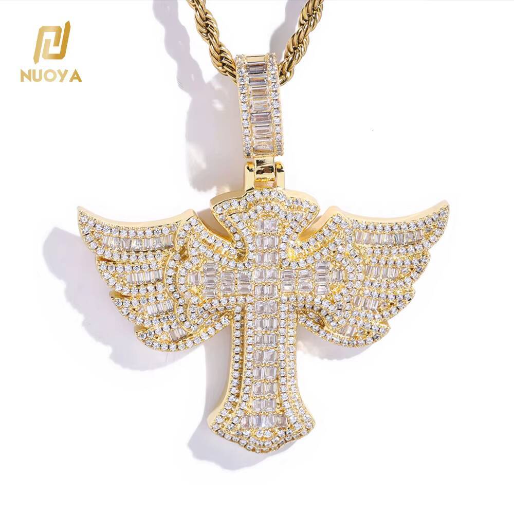 NUOYA Iced Out Full Diamond Cross Pendant Gold Silver Micro Pave Baguetter Angel Wings Cross Pendant for Hip Hop Men Women Designer's style