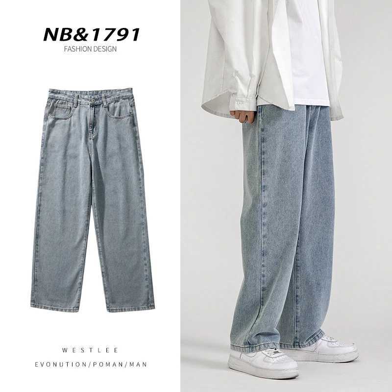 Korean Fashion Mens Baggy Jeans Classic Allmatch Solid Color Straightleg Denim Wideleg Pants Male Light Blue Grey Black J251030