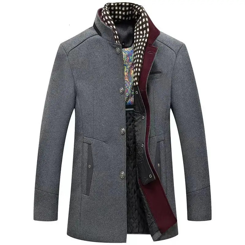 Autumn Winter Mens Wool Coats Smart Casual Thick Warm Woolen Trench Outerwear Men Stand Collar Fashion Detachable Scarf Coats 251029