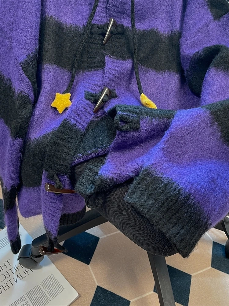 Lazy style cute star stripe hooded sweater womens autumn and winter anime mine knitted cardigan coat 251029