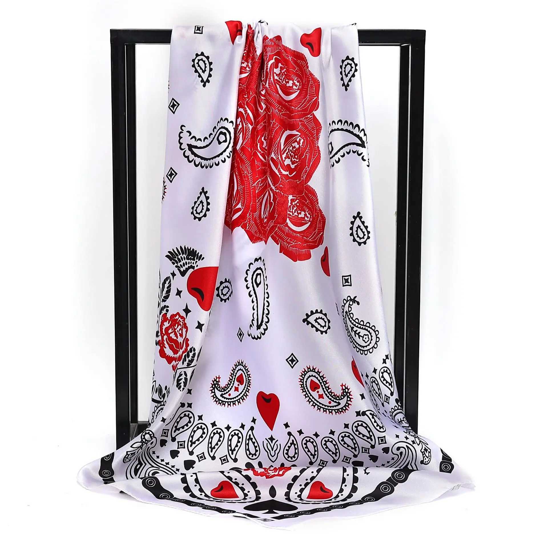 90X90cm 2025 New Women Luxury Print Satin Silk Scarves Square Scarf Hijab Neckerchief Female Hair Ribbon Headband Wrap BandanaW251029