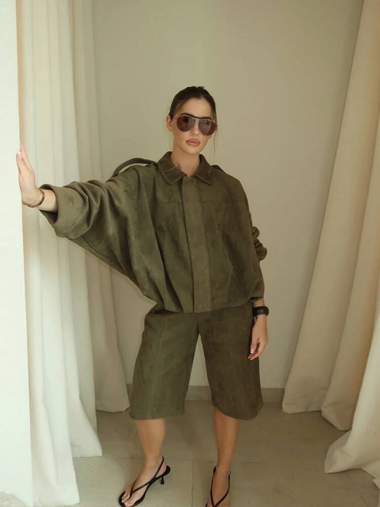 winter jacket women Vintage Oversized Suede Leather Jacket Women's Fashion Shoulder Pad Full Sleeve One Button Coat Lady Chic Bomber Streetwear 2