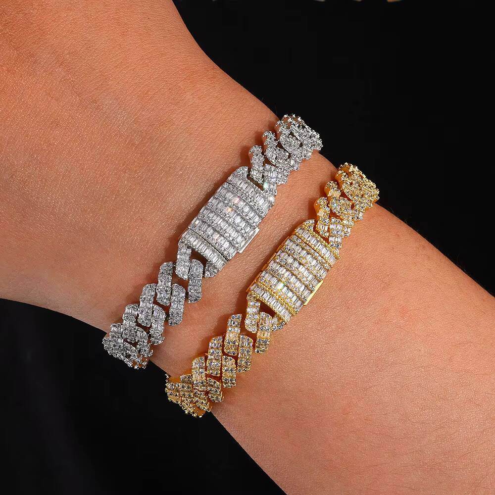 NUOYA 10mm Gold Plated Prong Cuban Link Chain Bracelet with Iced Out Baguette moissanite Diamond Hip Hop Punk Jewelry for Women and Men Designer'