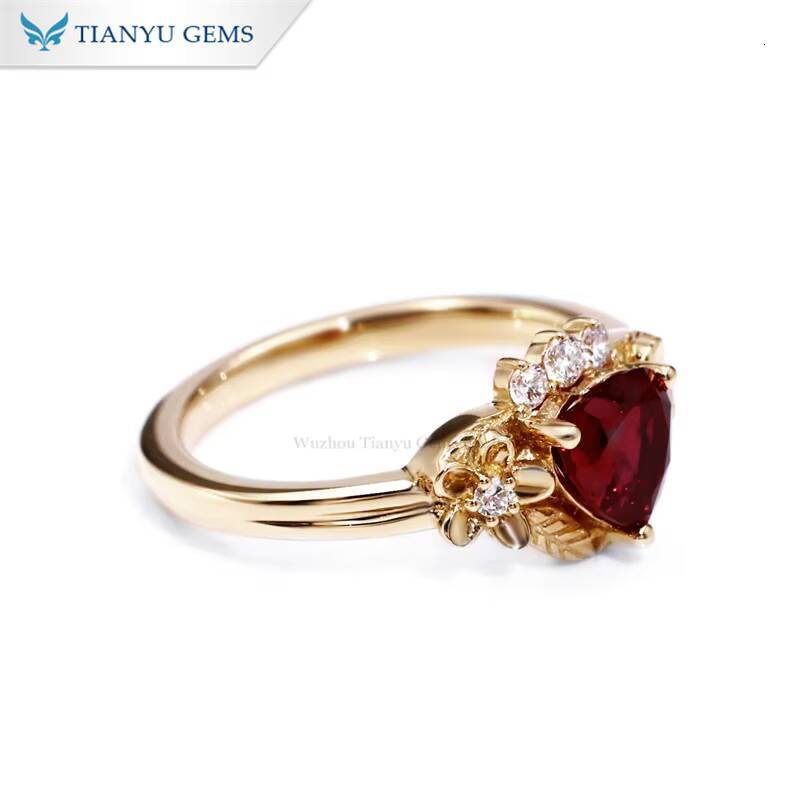 Tianyu Flower Design Love Heart Lab Ruby Side Lab Diamonds Sterling Silver 925 10K 14K 18K Gold Wedding Engagement Rings