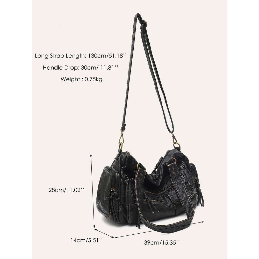 Vintage Women Unisex Brush-Off Color Washed PU Vegan Leather Zip Pockets Shoulder Cross Body Bag Large Retro Casual Daily Travel