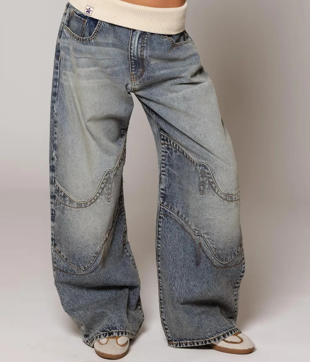 Y2K American Retro Spliced washed High Waist Jeans for Women Simple Versatile Wideleg Jean Hiphop Harajuku Baggy Women Jeans 251029
