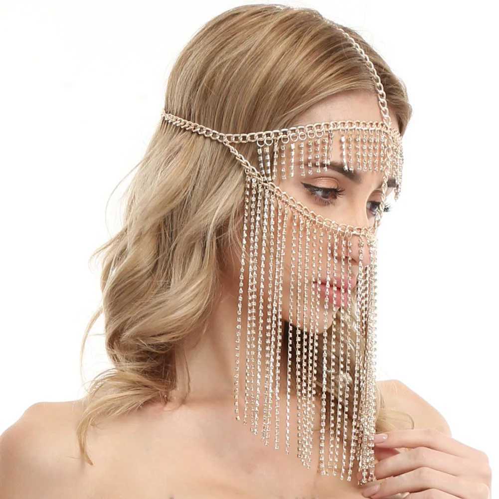Indian Luxury Full Rhinestone Chain Fringe Bling Face Jewelry Women Prom Party Mask Chain Metal Headband Decoration Bridal VeilsW251029