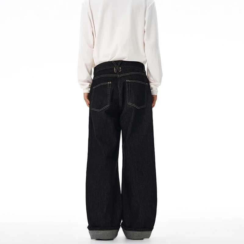 2025 autumn fashion color straight leg rolled edge jeans for men loose and versatile Japanese style long pants J251030